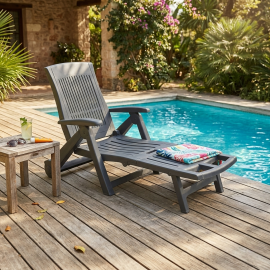 BAIN DE SOLEIL RELAX PLIANT AVEC ROUES EN RÉSINE ANTHRACITE 72X195X101 CM MODÈLE ZIRCONE