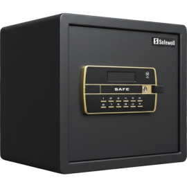 COFFRE-FORT ÉLECTRONIQUE SAFEWELL NOIR ET DORÉ AVEC ÉCRAN LCD DOUBLE CODE ET ALARME DE SÉCURITÉ