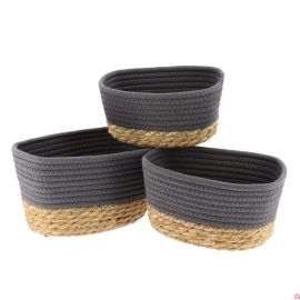 SET DE 3 PANIERS RECTANGLES COTON/GRIS/NATUREL