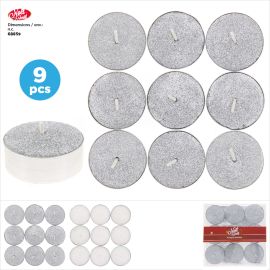 SET DE 9 BOUGIES CHAUFFE-PLAT À PAILLETTES BLANC ET ARGENT