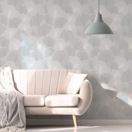 PAPIER PEINT FEUILLES DE GINKGO ARGENTÉES SUR FOND GRIS TEXTURÉ