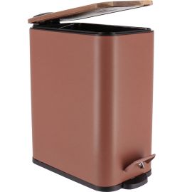 POUBELLE DE SALLE DE BAIN RECTANGULAIRE À PÉDALE 5 LITRES EN MÉTAL AVEC COUVERCLE FREIN DE CHUTE EN BOIS AMBRE
