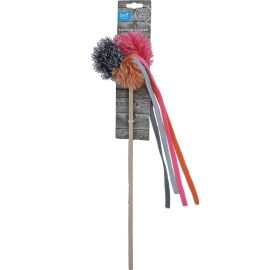JOUET POUR CHAT SUR BATON EN BOIS AVEC BALLES ET RUBANS ROSE ET ORANGE 40 CM