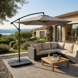 PARASOL DÉPORTÉ DE JARDIN ROND 3 MÈTRES BEIGE AVEC PROTECTION UV 50 ET STRUCTURE EN ACIER – VENDU SANS DALLES