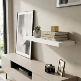 TABLETTE MURALE FLOTTANTE EN BOIS MDF BLANC À FIXATION INVISIBLE 600X230X40 MM AVEC SUPPORT ET VIS