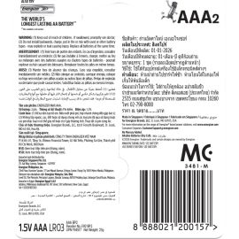 LOT DE 2 PILES ALCALINES AAA LR03 1,5 VOLT HAUTE PERFORMANCE ENERGIZER MAX E92 POUR APPAREILS ÉLECTRONIQUES