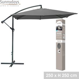 PARASOL DÉPORTÉ CARRÉ ANTHRACITE 2.5X2.5 M STRUCTURE MÉTAL TOILE POLYESTER 200 G OUVERTURE PAR MANIVELLE – VENDU SANS DALLES