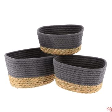 SET DE 3 PANIERS RECTANGLES COTON/GRIS/NATUREL