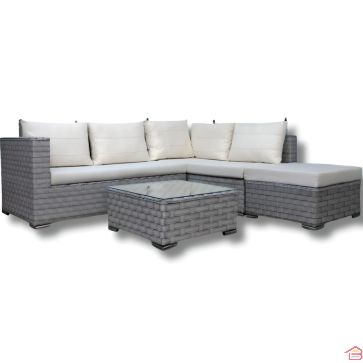 SALON DE JARDIN D'ANGLE ZANZIBAR EN RÉSINE TRESSÉE AVEC CANAPÉ 2 PLACES, MÉRIDIENNE, OTTOMAN ET TABLE BASSE EN VERRE TREMPÉ