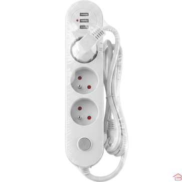 BLOC MULTIPRISE ÉLECTRIQUE BLANC 3 PRISES 2P+T 6 AMPÈRES AVEC 2 PORTS USB ET INTERRUPTEUR MARCHE ARRÊT