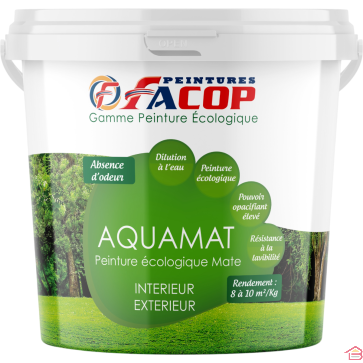 AQUAMAT 1 KG PEINTURE MATE ÉCOLOGIQUE À BASE D’EAU POUR MURS INTÉRIEURS ET EXTÉRIEURS