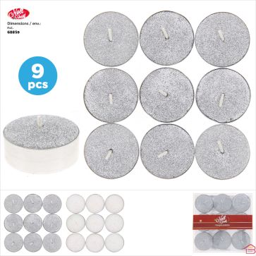 SET DE 9 BOUGIES CHAUFFE-PLAT À PAILLETTES BLANC ET ARGENT