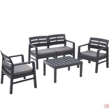 SALON DE JARDIN 4 PLACES JAVA EN RÉSINE ASPECT ROTIN ANTHRACITE AVEC CANAPÉ 2 PLACES, 2 FAUTEUILS, TABLE BASSE ET COUSSINS