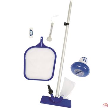 SET COMPLET D'ACCESSOIRES D'ENTRETIEN POUR PISCINE AVEC ASPIRATEUR ÉPUISETTE THERMOMÈTRE FLOTTEUR CHIMIQUE BANDELETTES DE TEST ET KIT DE RÉPARATION