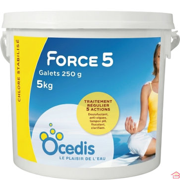 CHLORE MULTIFONCTIONS EN GALETS 250 GR 5 ACTIONS POUR TRAITEMENT COMPLET DE PISCINE SEAU 5 KG OCEDIS FORCE 5