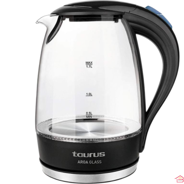 BOUILLOIRE ÉLECTRIQUE EN VERRE 1,7 LITRE NOIR ET INOX TAURUS AROA POUR CHAUFFAGE RAPIDE DE L’EAU