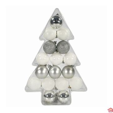 BOULE DE NOEL 5 CM X 17PCS - ARGENT/BLANC IRISE